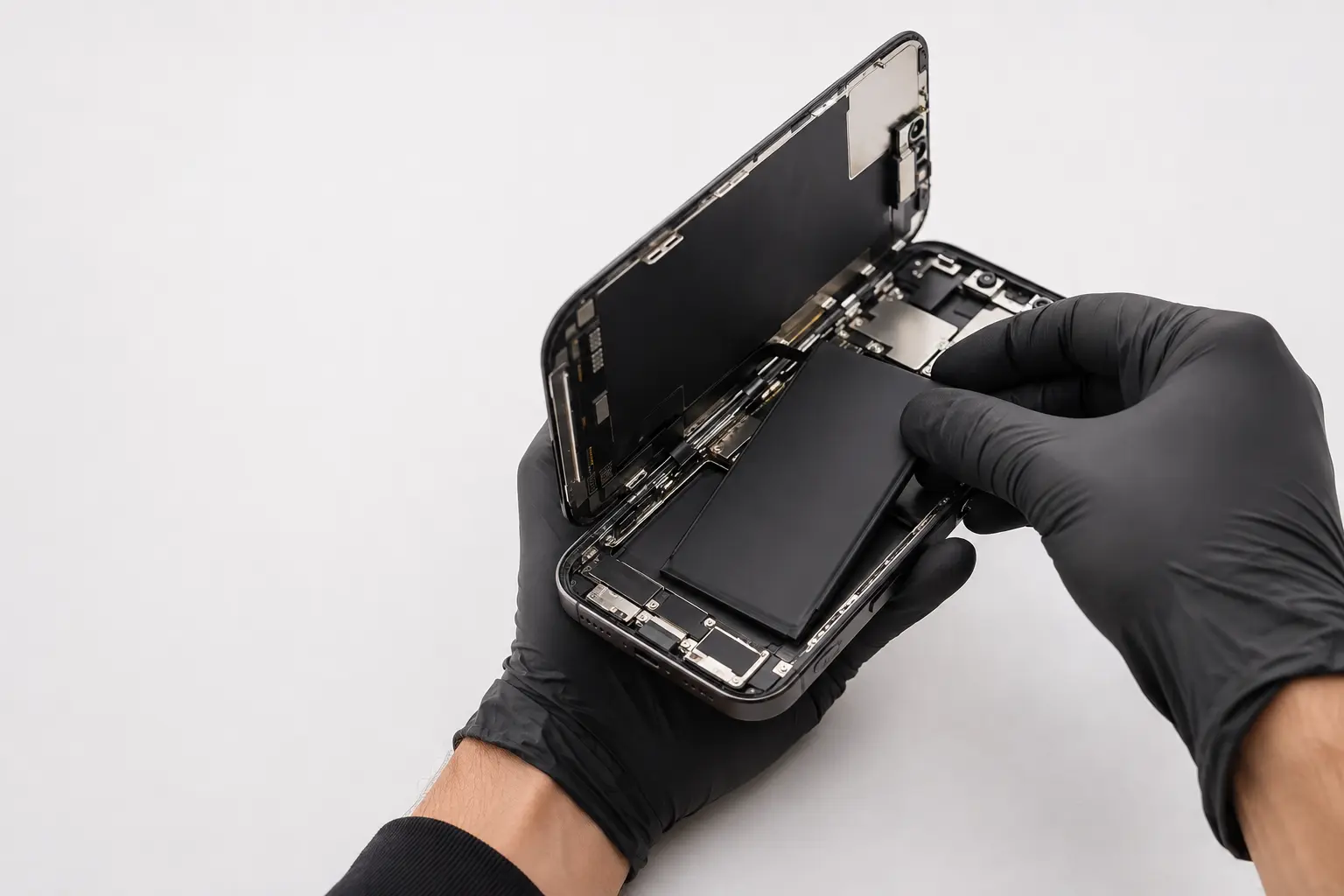 Técnico realizando un cambio de batería de iPhone 16