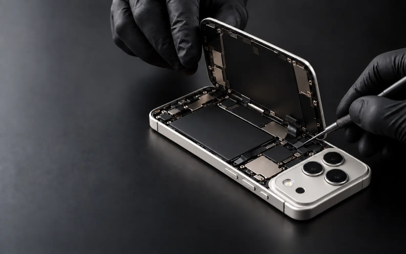 Técnico realizando un cambio de pantalla de iPhone 17 Pro