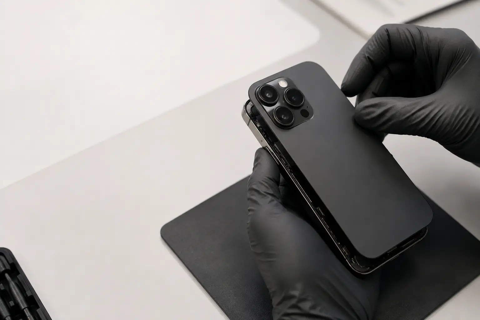 Técnico realizando un cambio de tapa trasera de iPhone 13